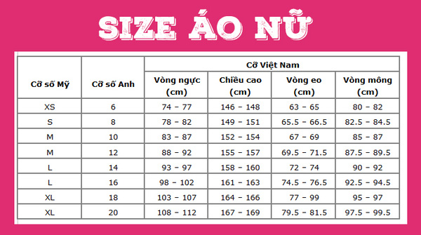 bảng size áo thun cho nữ